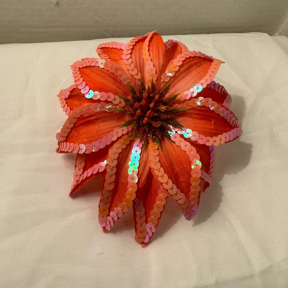 Peach colored Sequin Flower, Hair Clip, Ponytail Band, Pin.
